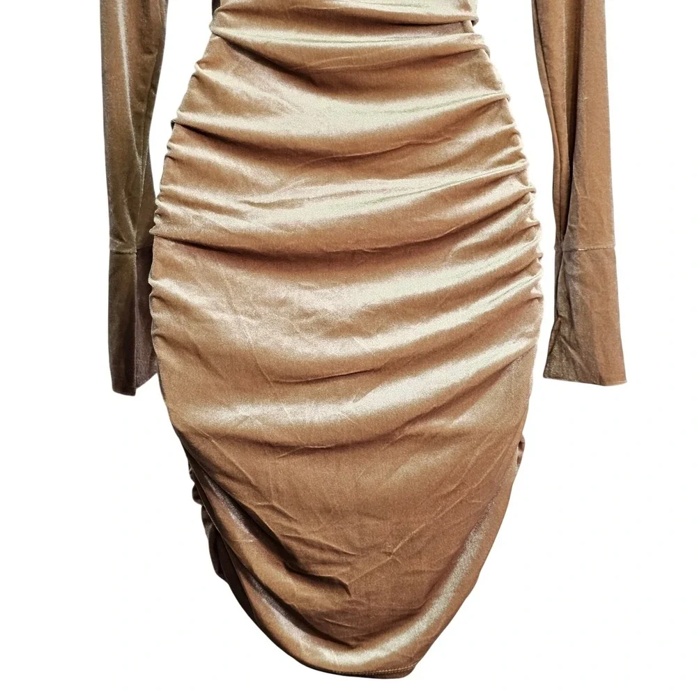 Lacausa Velvet Ruched Cutout‎ Waist Mini Dress Long Sleeve Bodycon Tan Small NEW